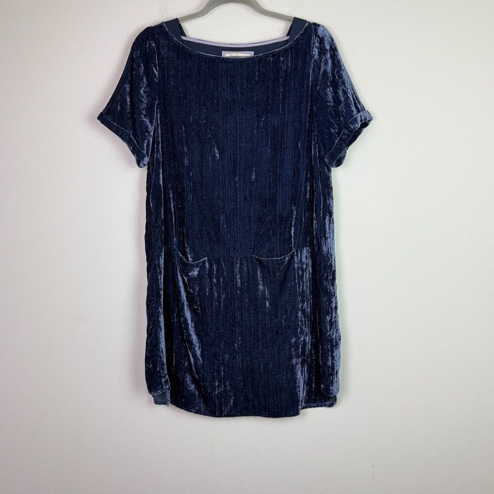 Anthropologie Floreat Women's Blue Crinkle Velvet Dress Patch Pockets Small
